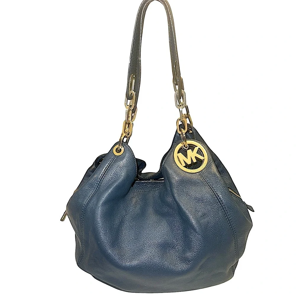 Michael Kors Large Fulton Triple Compartment Hobo Shoulder Bag Navy Leather Gold